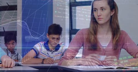 Image of digital interface and data moving over schoolgirl in classroom writing イラスト素材