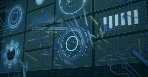 Image of digital interface and data processing over server room Stock Photos