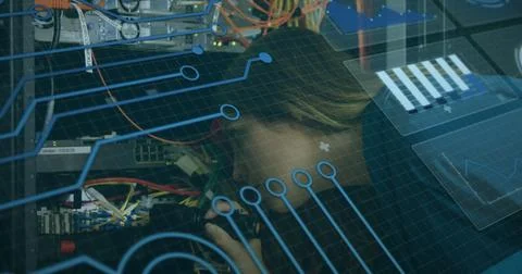 Image of digital interface and data processing over caucasian female server room Stock Photos