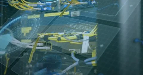 Image of digital interface and data processing over server room 写真素材