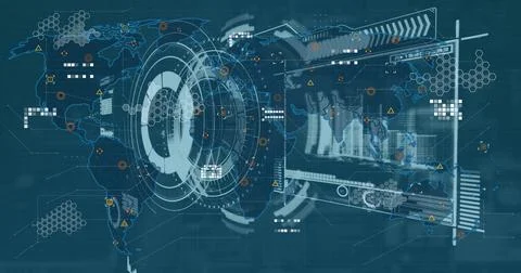 Image of digital interface and data processing over world map on blue background Foto stock