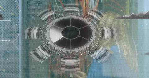 Image of digital interface and data processing over server room Photos