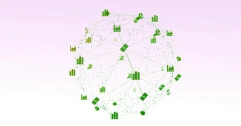 Image of digital interface and globe of network connections with green financial Stock Illustration