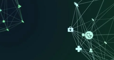 Image of digital interface and globe of network of connections with white icons 스톡 일러스트