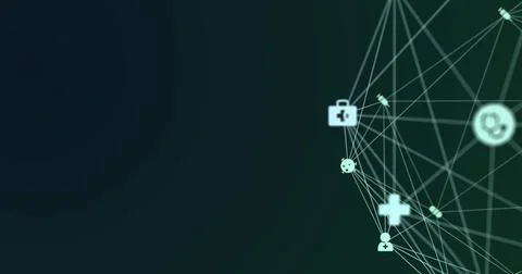 Image of digital interface and globe of network of connections with white icons Illustrazione stock
