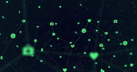 Image of digital interface and network of connections with green icons on black イラスト素材