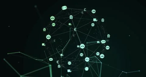Image of digital interface and network connections with green financial and Illustrazione stock