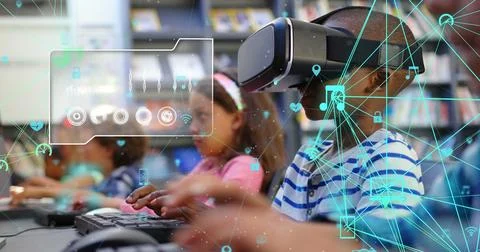 Image of digital interface and a network of connected icons over schoolboy using イラスト素材
