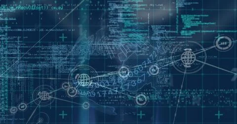 Image of digital interface and network of connections over hacker Stockillustratie