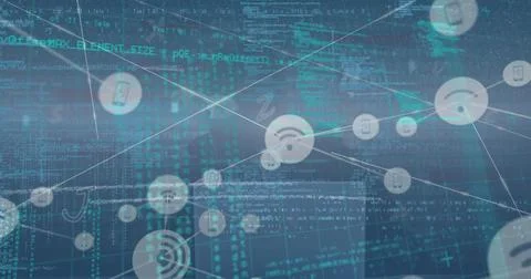 Image of digital interface and network of connections over blue background Stockillustratie