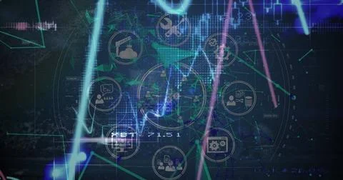 Image of digital interface and network of connections over blue background Stock Illustration