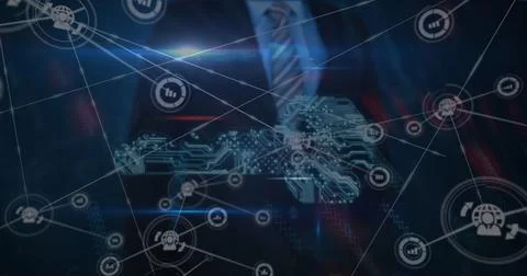 Image of digital interface and network of connections over businessman 스톡 일러스트