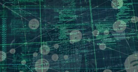 Image of digital interface and network of connections over hacker イラスト素材