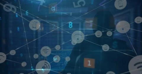 Image of digital interface and network of connections over hacker Stock Illustration