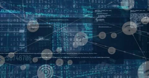 Image of digital interface and network of connections over hacker イラスト素材