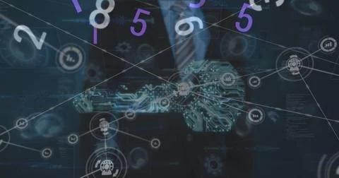 Image of digital interface and network of connections over businessman Illustrazione stock