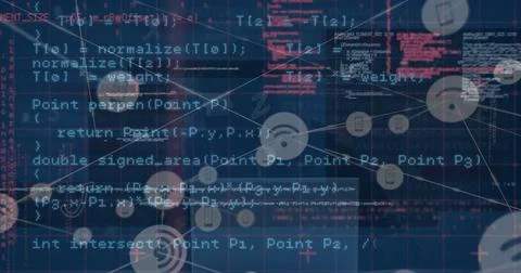 Image of digital interface and network of connections over hacker イラスト素材