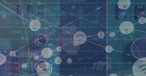 Image of digital interface and network of connections over hacker Stockfoto's