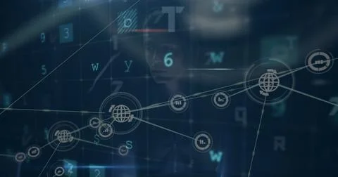 Image of digital interface and network of connections over hacker Stockfoto's