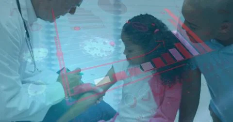 Image of digital interface and statistics with doctor giving vaccination to girl Foto stock