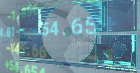 Image of digital interface and stock market data processing against grey Illustrazione stock