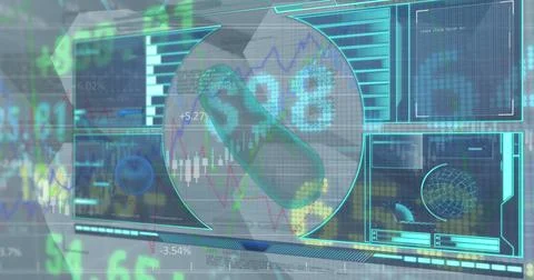 Image of digital interface and stock market data processing against grey イラスト素材