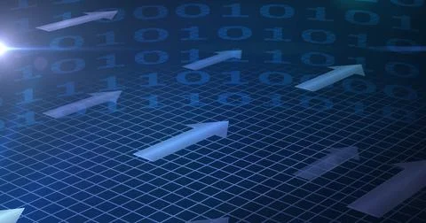 Image of digital interface with binary coding and blue arrows Stockillustratie