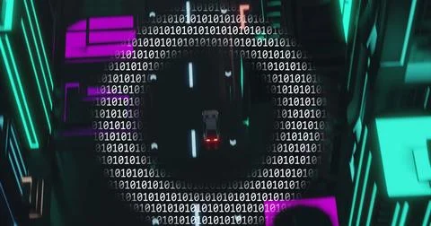 Image of digital interface with binary coding over car driving Stock Photos