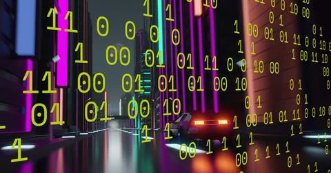 Image of digital interface with binary coding over car driving Foto stock