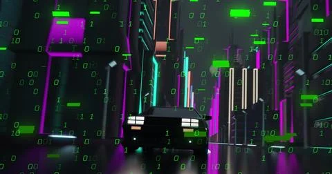 Image of digital interface with binary coding over car driving 스톡 사진