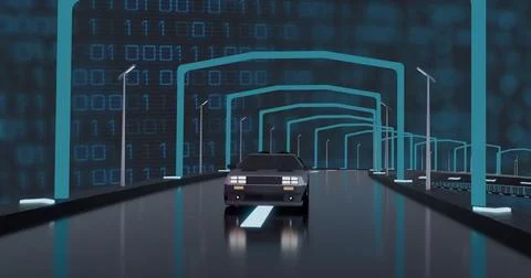 Image of digital interface with binary coding over car driving Stock Photos