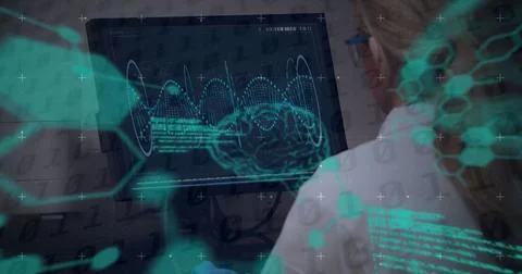 Image of digital interface with brain over caucasian woman using computer Foto stock