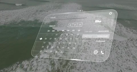 Image of digital interface with calendar over seaside landscape 库存照片