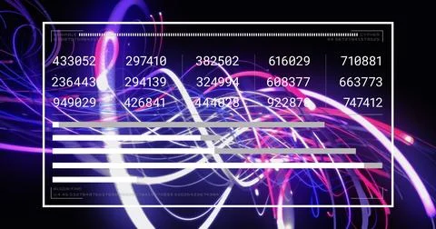 Image of digital interface with changing numbers and graphs against illuminated Stock Illustration
