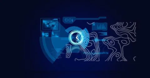 Image of digital interface with clock over dark background 库存插图