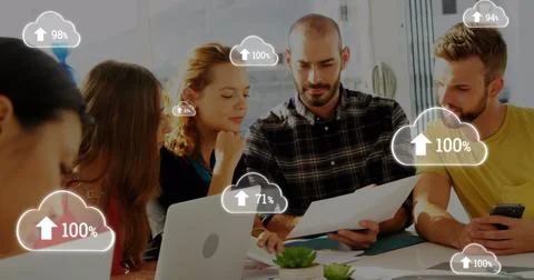 Image of digital interface with cloud icons with percent growing and arrows over Stock Photos