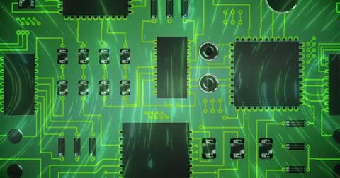 Image of digital interface with computer circuit board in the background Foto stock