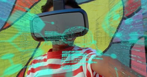 Image of digital interface, data and brain over young child using VR headset and Stock Illustration