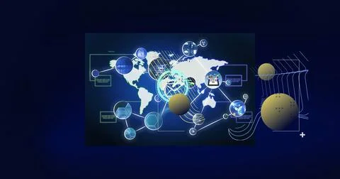 Image of digital interface with data processing over dark background Illustrazione stock