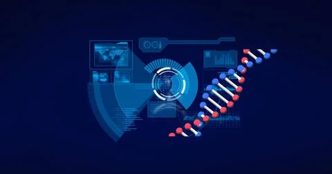Image of digital interface with data processing and spinning dna strand over Illustrazione stock