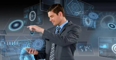 Image of digital interface with data processing on screens over businessman Illustrazione stock