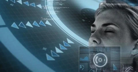 Image of digital interface with data processing over woman's face Stock Illustration