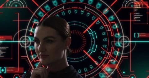 Image of digital interface with data processing over woman's face Stockillustratie