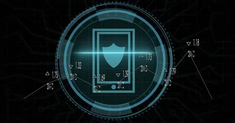 Image of digital interface with data processing over black background Illustrazione stock