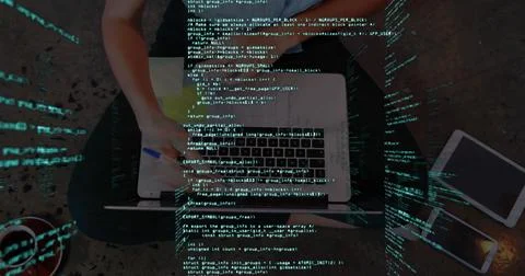 Image of digital interface with data processing over woman using laptop computer Stock Photos