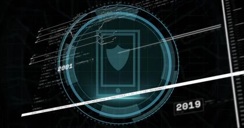 Image of digital interface with data processing over black background 库存照片