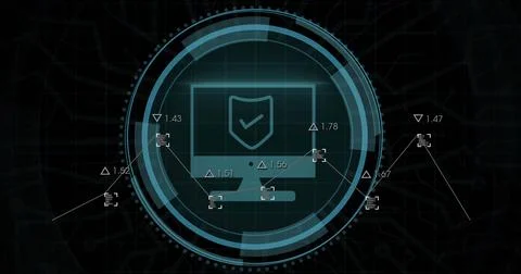 Image of digital interface with data processing over black background 写真素材