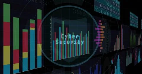 Image of digital interface with data processing over black background 스톡 사진