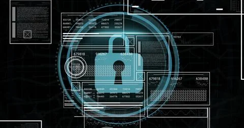 Image of digital interface with data processing over black background 스톡 사진