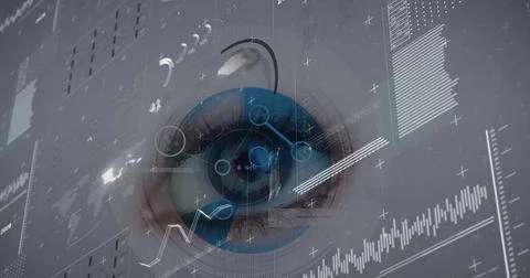 Image of digital interface with data processing with female eye over white Foto stock